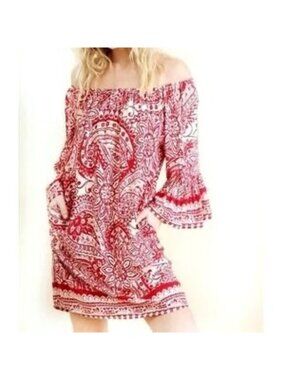 Umgee Red Paisley Off The Shoulder Tunic Dress Bell Sleeves Pockets Size M Boho